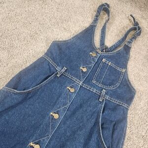 VTG Lee Denim Overall Dress Sz Medium 7/8 Dark Wash Button Front Bib USA 70s 80s